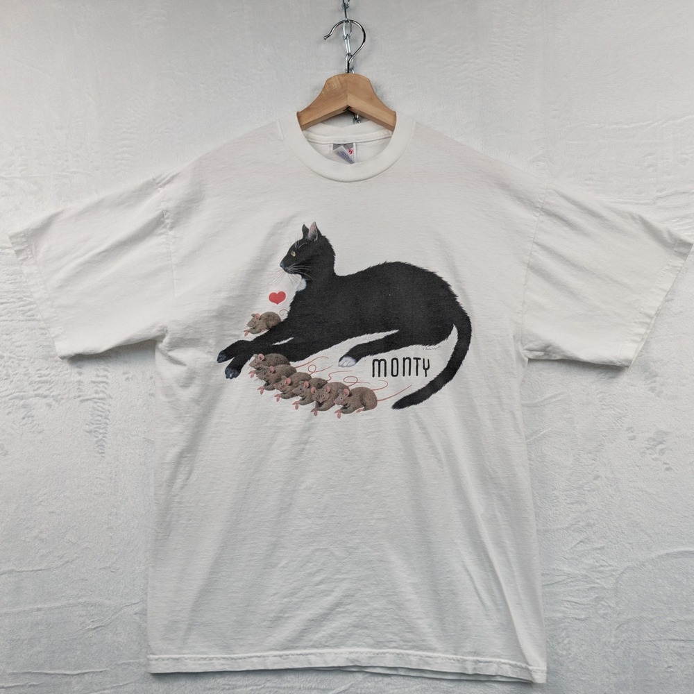 VTG Jerzees T-Shirt Men's L White Monty Black Cat Animal Indie Cottagecore 90s